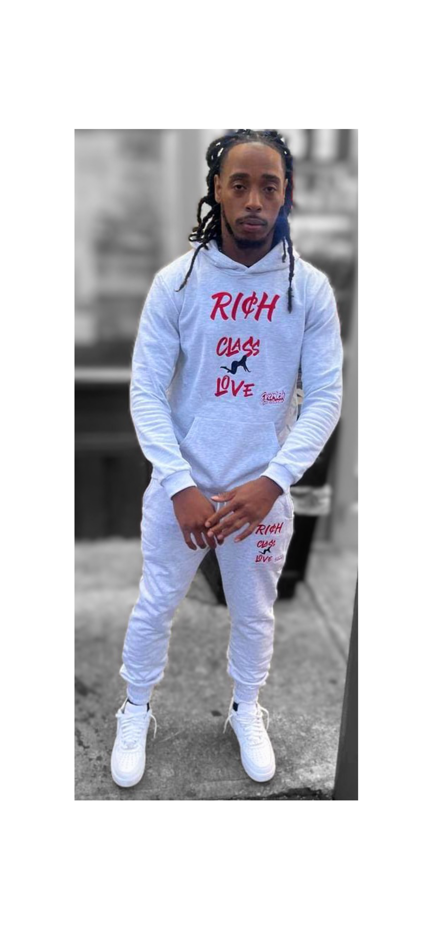 Grey- Rich Class Love/ High Class Problems Hoodie (Red Logo)