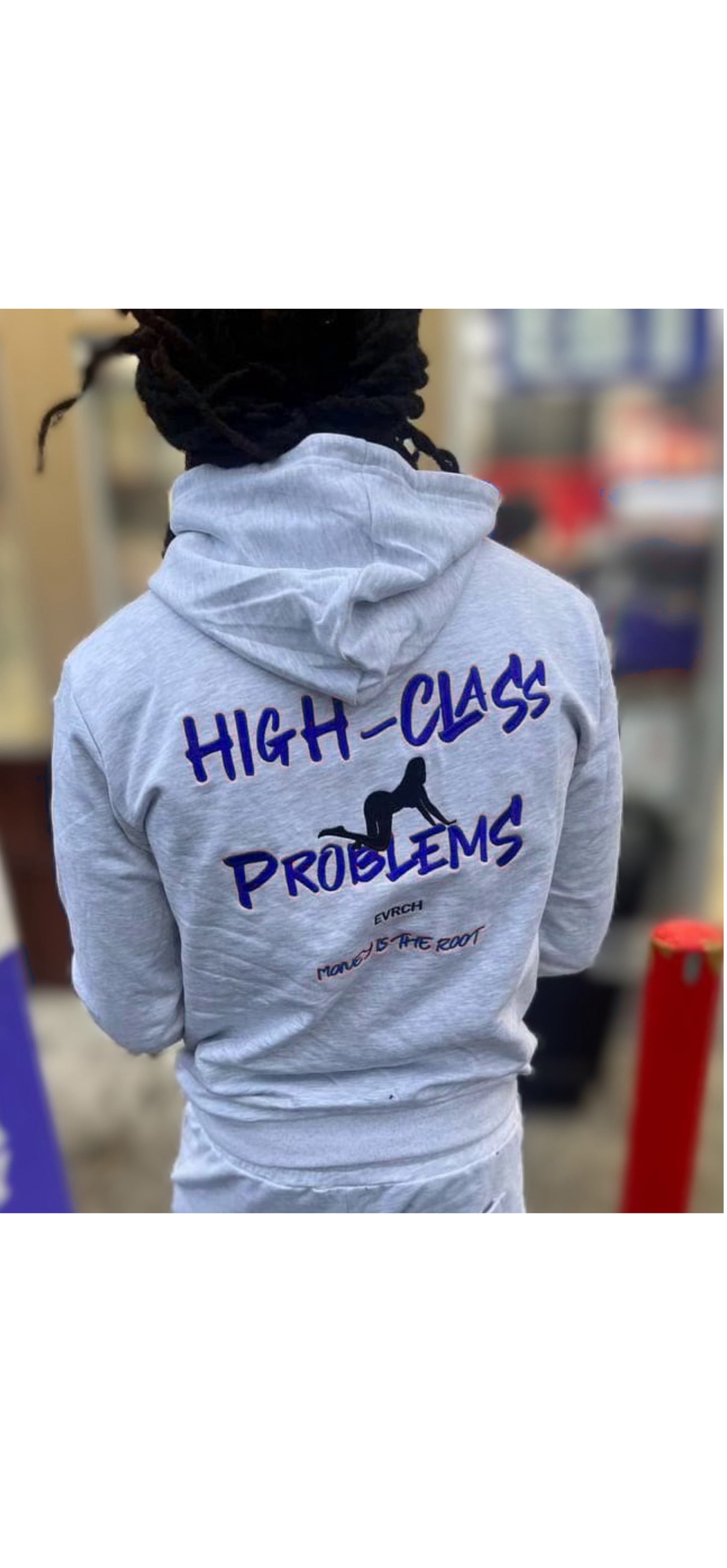 Grey- Rich Class Love/ High Class Problems Hoodie (Blue Logo)