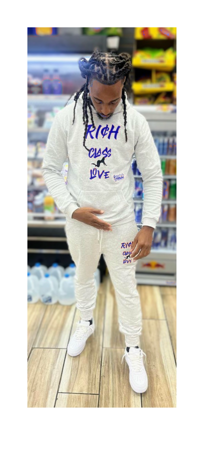 Grey- Rich Class Love/ High Class Problems Hoodie (Blue Logo)